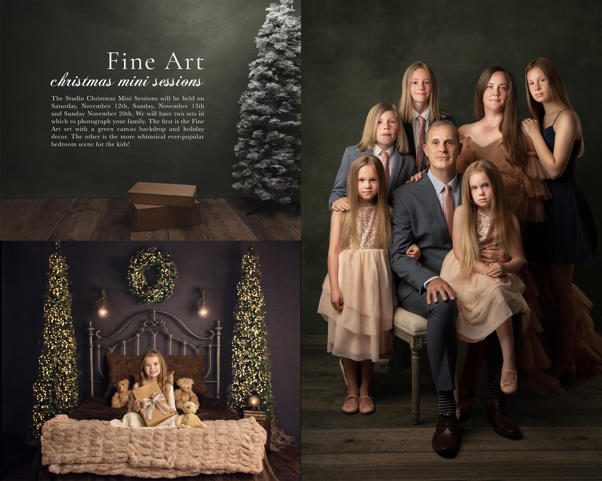 Families posed for Christmas photos on a canvas background.